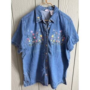 Vintage 90s Bobbie Brooks Floral Embroidered Denim Button-Down 14/16 Cottagecore